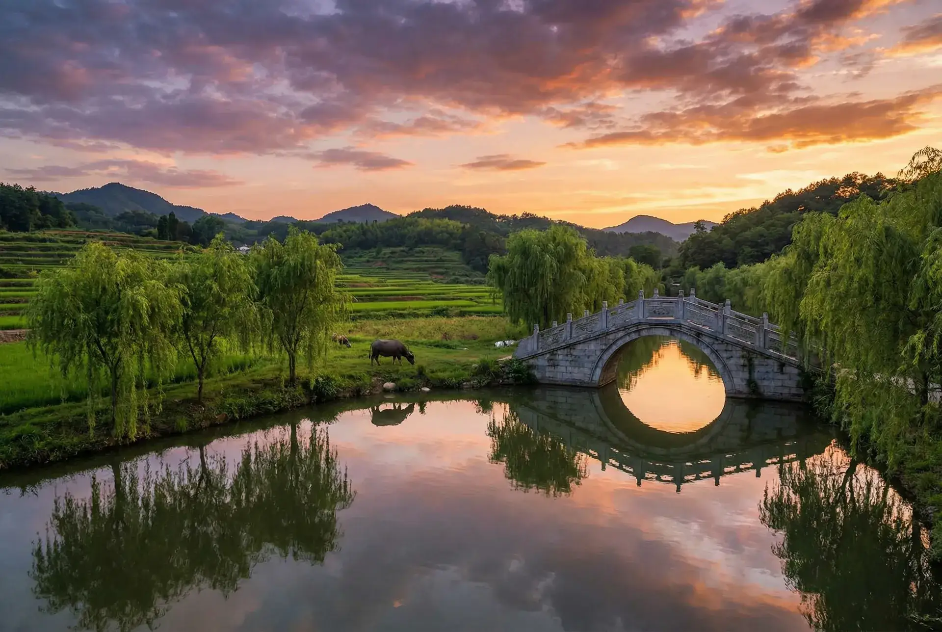 夕阳下的石拱桥与垂柳，水牛在河边吃草 - 龙无目免费观看 乡村美景
